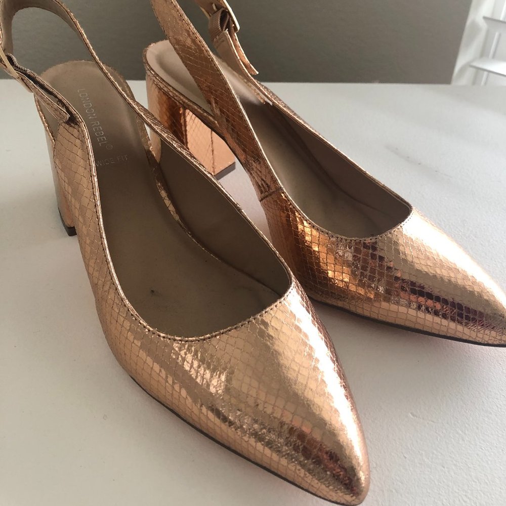(WORN ONCE) Gold Faux Snakeskin Block Heel Mules